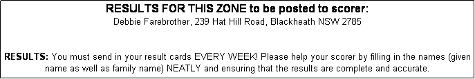 Text Box: RESULTS FOR THIS ZONE to be posted to scorer: 
Debbie Farebrother, 239 Hat Hill Road, Blackheath NSW 2785


RESULTS: You must send in your result cards EVERY WEEK! Please help your scorer by filling in the names (given name as well as family name) NEATLY and ensuring that the results are complete and accurate. 