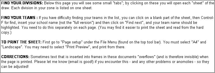 Text Box: FIND YOUR DIVISIONS: Below this page you will see some small "tabs"; by clicking on these you will open each "sheet" of the draw. Each division in your zone is listed on one sheet. 

FIND YOUR TEAMS : If you have difficulty finding your teams in the list, you can click on a blank part of the sheet, then Control-F for find, insert your school name (not the "full version") and then click on "Find next", and your team name should be highlighted. You need to do this separately on each page. (You may find it easier to print the sheet and read from the hard copy.)

TO PRINT THE SHEET: First go to "Page setup" under the File Menu (found on the top tool bar). You must select "A4" and "Landscape". You may need to select "Print Preview", and print from there.

CORRECTIONS: Sometimes text that is inserted into frames in these documents "overflows" (and is therefore invisible) when the page is printed. Please let me know (email is good!) if you encounter this - and any other problems or anomolies - so they can be adjusted!