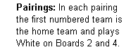 Text Box:      Pairings: In each pairing
     the first numbered team is 
     the home team and plays 
     White on Boards 2 and 4.