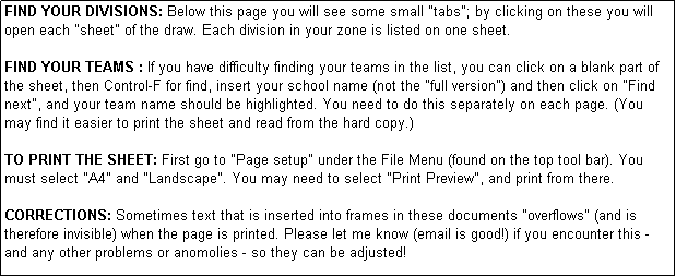 Text Box: FIND YOUR DIVISIONS: Below this page you will see some small "tabs"; by clicking on these you will open each "sheet" of the draw. Each division in your zone is listed on one sheet. 

FIND YOUR TEAMS : If you have difficulty finding your teams in the list, you can click on a blank part of the sheet, then Control-F for find, insert your school name (not the "full version") and then click on "Find next", and your team name should be highlighted. You need to do this separately on each page. (You may find it easier to print the sheet and read from the hard copy.)

TO PRINT THE SHEET: First go to "Page setup" under the File Menu (found on the top tool bar). You must select "A4" and "Landscape". You may need to select "Print Preview", and print from there.

CORRECTIONS: Sometimes text that is inserted into frames in these documents "overflows" (and is therefore invisible) when the page is printed. Please let me know (email is good!) if you encounter this - and any other problems or anomolies - so they can be adjusted!