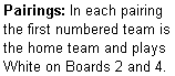 Text Box: Pairings: In each pairing the first numbered team is the home team and plays White on Boards 2 and 4.