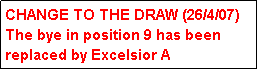 Text Box: CHANGE TO THE DRAW (26/4/07)
The bye in position 9 has been replaced by Excelsior A