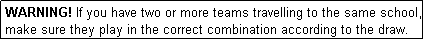 Text Box: WARNING! If you have two or more teams travelling to the same school, make sure they play in the correct combination according to the draw.