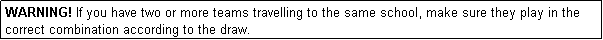 Text Box: WARNING! If you have two or more teams travelling to the same school, make sure they play in the correct combination according to the draw.