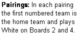 Text Box: Pairings: In each pairing the first numbered team is the home team and plays  White on Boards 2 and 4.