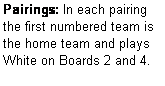 Text Box: Pairings: In each pairing the first numbered team is the home team and plays  White on Boards 2 and 4.