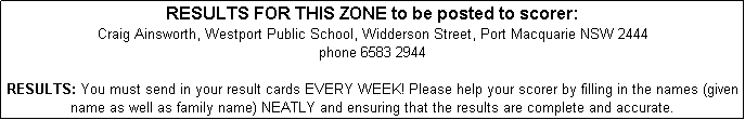 Text Box: RESULTS FOR THIS ZONE to be posted to scorer: 
Craig Ainsworth, Westport Public School, Widderson Street, Port Macquarie NSW 2444
phone 6583 2944

RESULTS: You must send in your result cards EVERY WEEK! Please help your scorer by filling in the names (given name as well as family name) NEATLY and ensuring that the results are complete and accurate. 