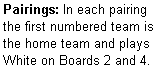 Text Box: Pairings: In each pairing the first numbered team is the home team and plays  White on Boards 2 and 4.