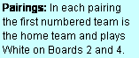 Text Box: Pairings: In each pairing the first numbered team is the home team and plays  White on Boards 2 and 4.