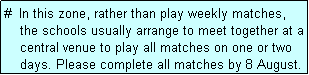 Text Box: #  In this zone, rather than play weekly matches,
    the schools usually arrange to meet together at a
    central venue to play all matches on one or two
    days. Please complete all matches by 8 August.