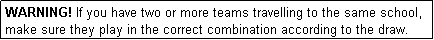 Text Box: WARNING! If you have two or more teams travelling to the same school, make sure they play in the correct combination according to the draw.