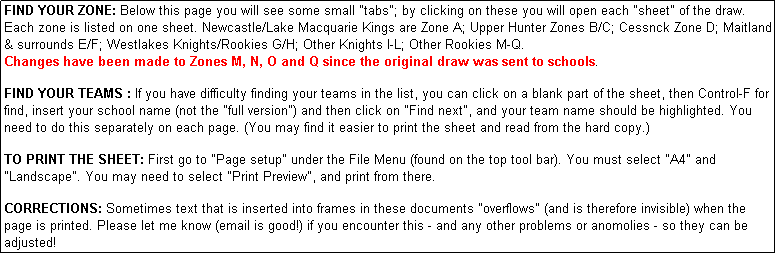 Text Box: FIND YOUR ZONE: Below this page you will see some small "tabs"; by clicking on these you will open each "sheet" of the draw. Each zone is listed on one sheet. Newcastle/Lake Macquarie Kings are Zone A; Upper Hunter Zones B/C; Cessnck Zone D; Maitland & surrounds E/F; Westlakes Knights/Rookies G/H; Other Knights I-L; Other Rookies M-Q.
Changes have been made to Zones M, N, O and Q since the original draw was sent to schools.

FIND YOUR TEAMS : If you have difficulty finding your teams in the list, you can click on a blank part of the sheet, then Control-F for find, insert your school name (not the "full version") and then click on "Find next", and your team name should be highlighted. You need to do this separately on each page. (You may find it easier to print the sheet and read from the hard copy.)

TO PRINT THE SHEET: First go to "Page setup" under the File Menu (found on the top tool bar). You must select "A4" and "Landscape". You may need to select "Print Preview", and print from there.

CORRECTIONS: Sometimes text that is inserted into frames in these documents "overflows" (and is therefore invisible) when the page is printed. Please let me know (email is good!) if you encounter this - and any other problems or anomolies - so they can be adjusted!