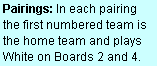 Text Box: Pairings: In each pairing the first numbered team is the home team and plays  White on Boards 2 and 4.