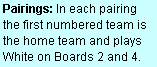 Text Box: Pairings: In each pairing the first numbered team is the home team and plays  White on Boards 2 and 4.