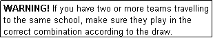 Text Box: WARNING! If you have two or more teams travelling to the same school, make sure they play in the correct combination according to the draw.