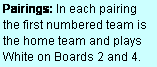 Text Box: Pairings: In each pairing the first numbered team is the home team and plays  White on Boards 2 and 4.