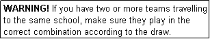 Text Box: WARNING! If you have two or more teams travelling to the same school, make sure they play in the correct combination according to the draw.