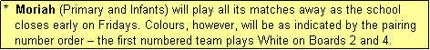 Text Box: *  Moriah (Primary and Infants) will play all its matches away as the school
   closes early on Fridays. Colours, however, will be as indicated by the pairing
   number order  the first numbered team plays White on Boards 2 and 4.