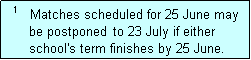 Text Box:   1   Matches scheduled for 25 June may
      be postponed  to 23 July if either
      school's term finishes by 25 June.  