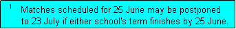 Text Box:   1   Matches scheduled for 25 June may be postponed
       to 23 July if either school's term finishes by 25 June.  