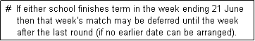 Text Box:  #  If either school finishes term in the week ending 21 June
     then that week's match may be deferred until the week
     after the last round (if no earlier date can be arranged). 