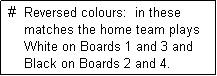 Text Box:  #  Reversed colours:  in these 
     matches the home team plays
     White on Boards 1 and 3 and
     Black on Boards 2 and 4.