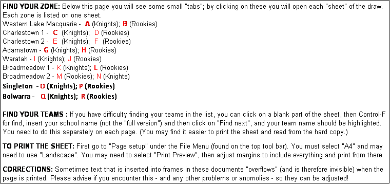 Text Box: FIND YOUR ZONE: Below this page you will see some small "tabs"; by clicking on these you will open each "sheet" of the draw. Each zone is listed on one sheet. 
Western Lake Macquarie -  A (Knights); B (Rookies)  
Charlestown 1 -  C  (Knights);  D (Rookies)    
Charlestown 2 -  E  (Knights);  F  (Rookies)    
Adamstown - G (Knights); H (Rookies)  
Waratah - I (Knights); J (Rookies) 
Broadmeadow 1 - K (Knights); L (Rookies)   
Broadmeadow 2 - M (Rookies); N (Knights)    
Singleton  - O (Knights); P (Rookies) 
Bolwarra -    Q (Knights);  R (Rookies)
                 
FIND YOUR TEAMS : If you have difficulty finding your teams in the list, you can click on a blank part of the sheet, then Control-F for find, insert your school name (not the "full version") and then click on "Find next", and your team name should be highlighted. You need to do this separately on each page. (You may find it easier to print the sheet and read from the hard copy.)

TO PRINT THE SHEET: First go to "Page setup" under the File Menu (found on the top tool bar). You must select "A4" and may need to use "Landscape". You may need to select "Print Preview", then adjust margins to include everything and print from there.

CORRECTIONS: Sometimes text that is inserted into frames in these documents "overflows" (and is therefore invisible) when the page is printed. Please advise if you encounter this - and any other problems or anomolies - so they can be adjusted!