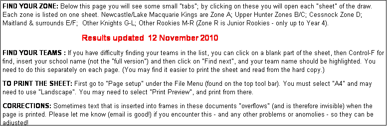 Text Box: FIND YOUR ZONE: Below this page you will see some small "tabs"; by clicking on these you will open each "sheet" of the draw. Each zone is listed on one sheet. Newcastle/Lake Macquarie Kings are Zone A; Upper Hunter Zones B/C; Cessnock Zone D; Maitland & surrounds E/F;  Other Knights G-L; Other Rookies M-R (Zone R is Junior Rookies - only up to Year 4).
              
                                                                             Results updated  12 November 2010

FIND YOUR TEAMS : If you have difficulty finding your teams in the list, you can click on a blank part of the sheet, then Control-F for find, insert your school name (not the "full version") and then click on "Find next", and your team name should be highlighted. You need to do this separately on each page. (You may find it easier to print the sheet and read from the hard copy.)

TO PRINT THE SHEET: First go to "Page setup" under the File Menu (found on the top tool bar). You must select "A4" and may need to use "Landscape". You may need to select "Print Preview", and print from there.

CORRECTIONS: Sometimes text that is inserted into frames in these documents "overflows" (and is therefore invisible) when the page is printed. Please let me know (email is good!) if you encounter this - and any other problems or anomolies - so they can be adjusted!