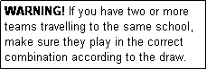 Text Box: WARNING! If you have two or more teams travelling to the same school, make sure they play in the correct combination according to the draw.