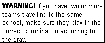 Text Box: WARNING! If you have two or more teams travelling to the same school, make sure they play in the correct combination according to the draw.