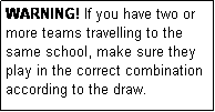 Text Box: WARNING! If you have two or more teams travelling to the same school, make sure they play in the correct combination according to the draw.