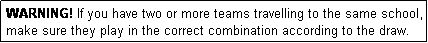 Text Box: WARNING! If you have two or more teams travelling to the same school, make sure they play in the correct combination according to the draw.