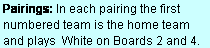 Text Box: Pairings: In each pairing the first numbered team is the home team and plays  White on Boards 2 and 4.