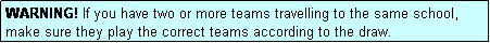 Text Box: WARNING! If you have two or more teams travelling to the same school, make sure they play the correct teams according to the draw.