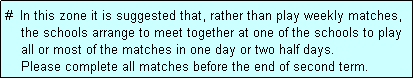 Text Box: #  In this zone it is suggested that, rather than play weekly matches,
    the schools arrange to meet together at one of the schools to play
    all or most of the matches in one day or two half days.
    Please complete all matches before the end of second term.