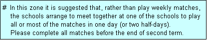 Text Box: #  In this zone it is suggested that, rather than play weekly matches,
    the schools arrange to meet together at one of the schools to play
    all or most of the matches in one day (or two half-days).
    Please complete all matches before the end of second term.