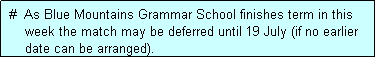 Text Box:  #  As Blue Mountains Grammar School finishes term in this
     week the match may be deferred until 19 July (if no earlier
     date can be arranged).