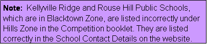 Text Box: Note:  Kellyville Ridge and Rouse Hill Public Schools, which are in Blacktown Zone, are listed incorrectly under Hills Zone in the Competition booklet. They are listed correctly in the School Contact Details on the website. 