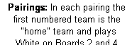 Text Box: Pairings: In each pairing the 
first numbered team is the
 "home" team and plays 
 White on Boards 2 and 4.