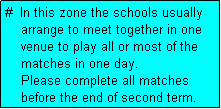 Text Box: #  In this zone the schools usually
    arrange to meet together in one
    venue to play all or most of the
    matches in one day.
    Please complete all matches
    before the end of second term.