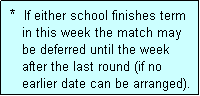 Text Box:  *  If either school finishes term
    in this week the match may
    be deferred until the week
    after the last round (if no
    earlier date can be arranged).