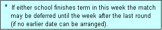 Text Box:  *  If either school finishes term in this week the match
    may be deferred until the week after the last round 
    (if no earlier date can be arranged).