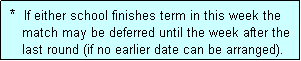 Text Box:  *  If either school finishes term in this week the
    match may be deferred until the week after the
    last round (if no earlier date can be arranged).