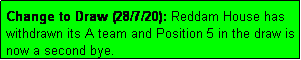 Text Box: Change to Draw (28/7/20): Reddam House has withdrawn its A team and Position 5 in the draw is now a second bye.