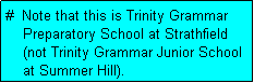 Text Box: #  Note that this is Trinity Grammar
    Preparatory School at Strathfield
    (not Trinity Grammar Junior School
    at Summer Hill).