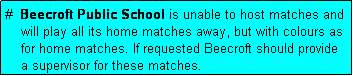 Text Box: #  Beecroft Public School is unable to host matches and
    will play all its home matches away, but with colours as
    for home matches. If requested Beecroft should provide
    a supervisor for these matches.