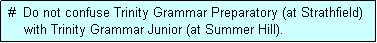 Text Box:  #  Do not confuse Trinity Grammar Preparatory (at Strathfield)
     with Trinity Grammar Junior (at Summer Hill).
